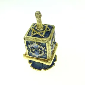 Metal Dreidel With Base in Blue Magen David Hand Made Enamel Painting