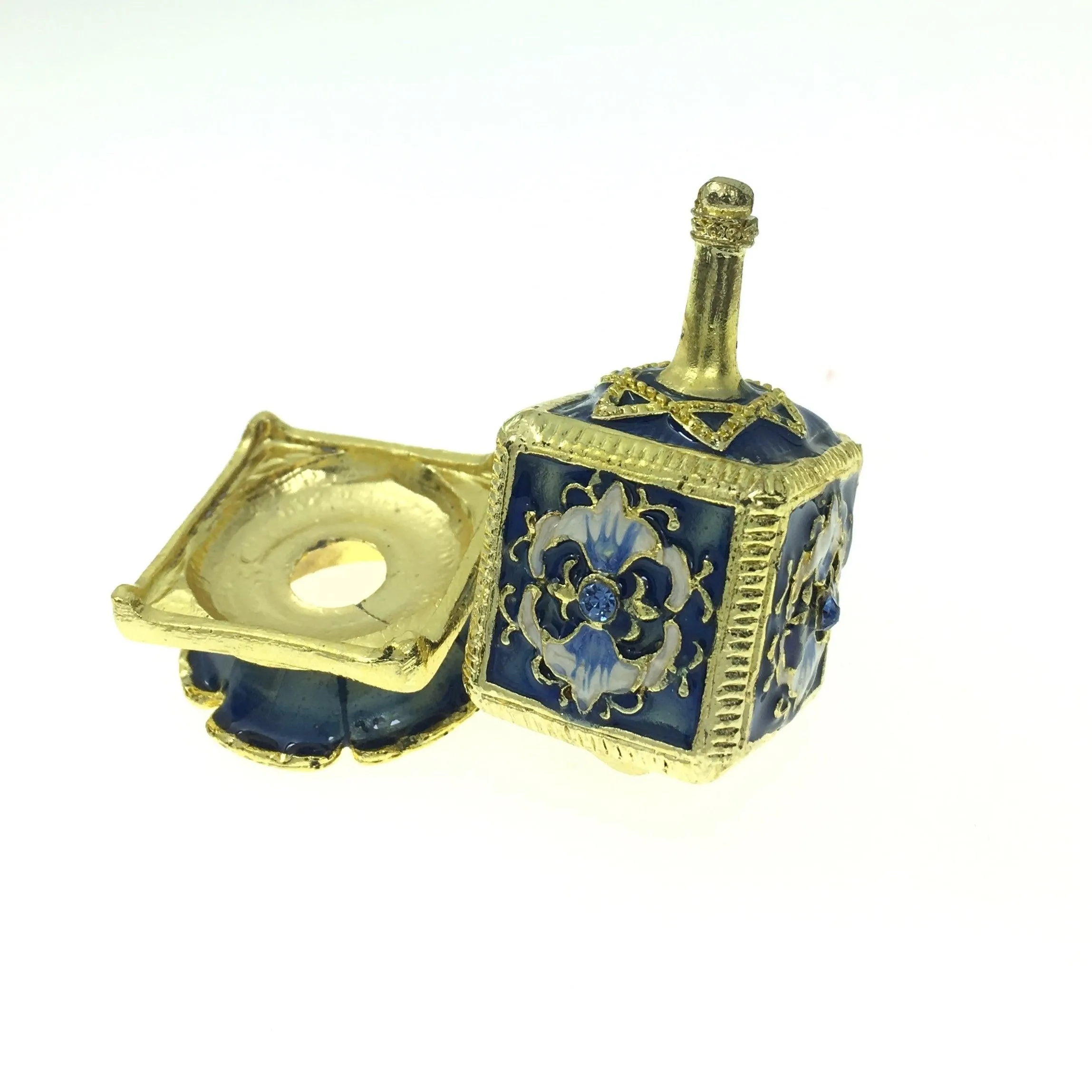 Metal Dreidel With Base in Blue Magen David Hand Made Enamel Painting