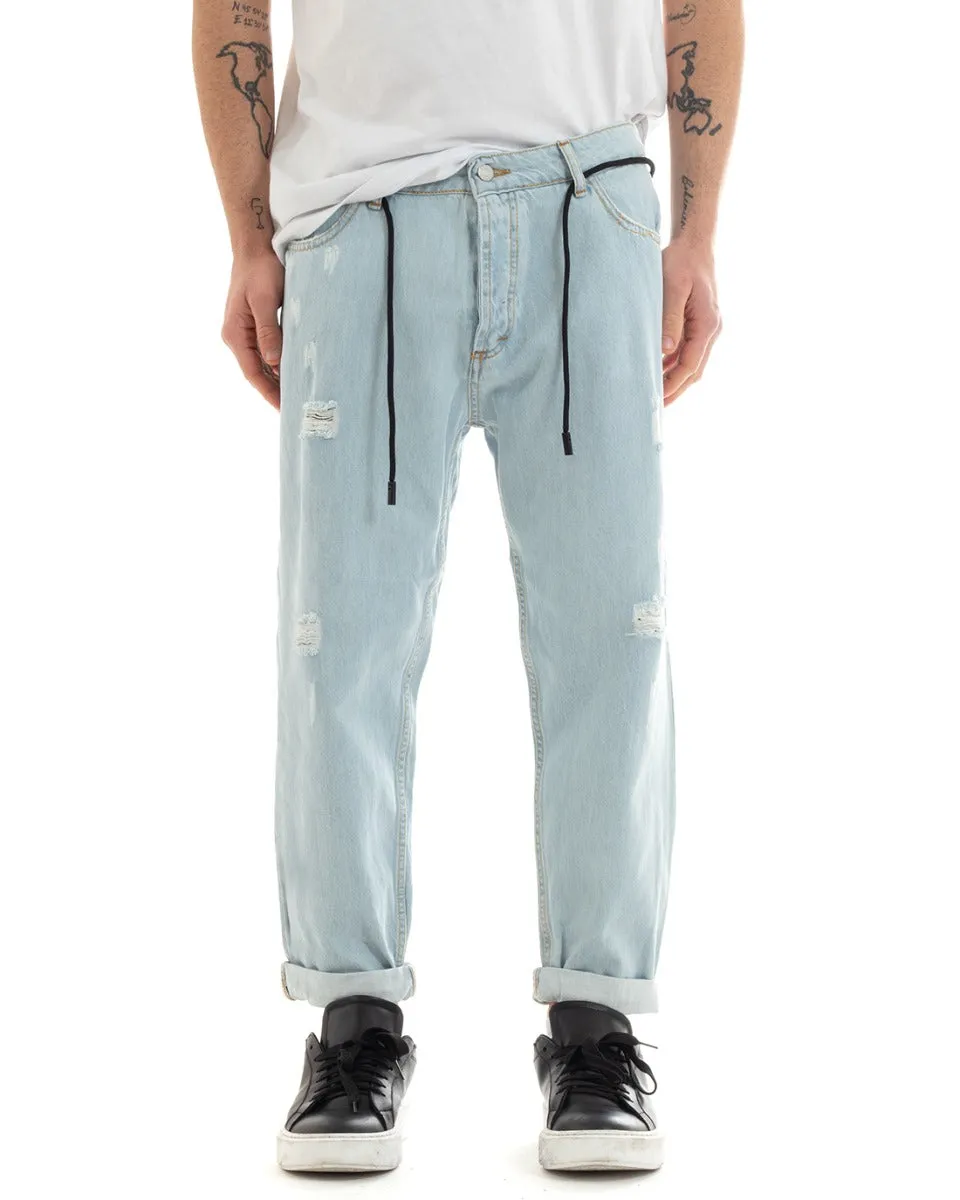 Pantaloni Jeans Uomo Loose Fit Denim Chiaro Cinque Tasche Con Rotture Casual GIOSAL-P5671A