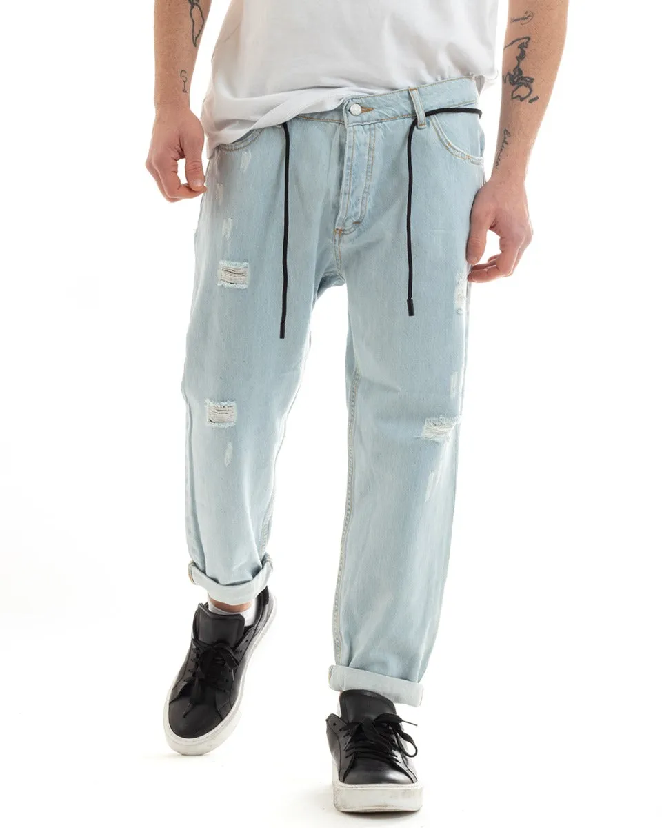 Pantaloni Jeans Uomo Loose Fit Denim Chiaro Cinque Tasche Con Rotture Casual GIOSAL-P5671A