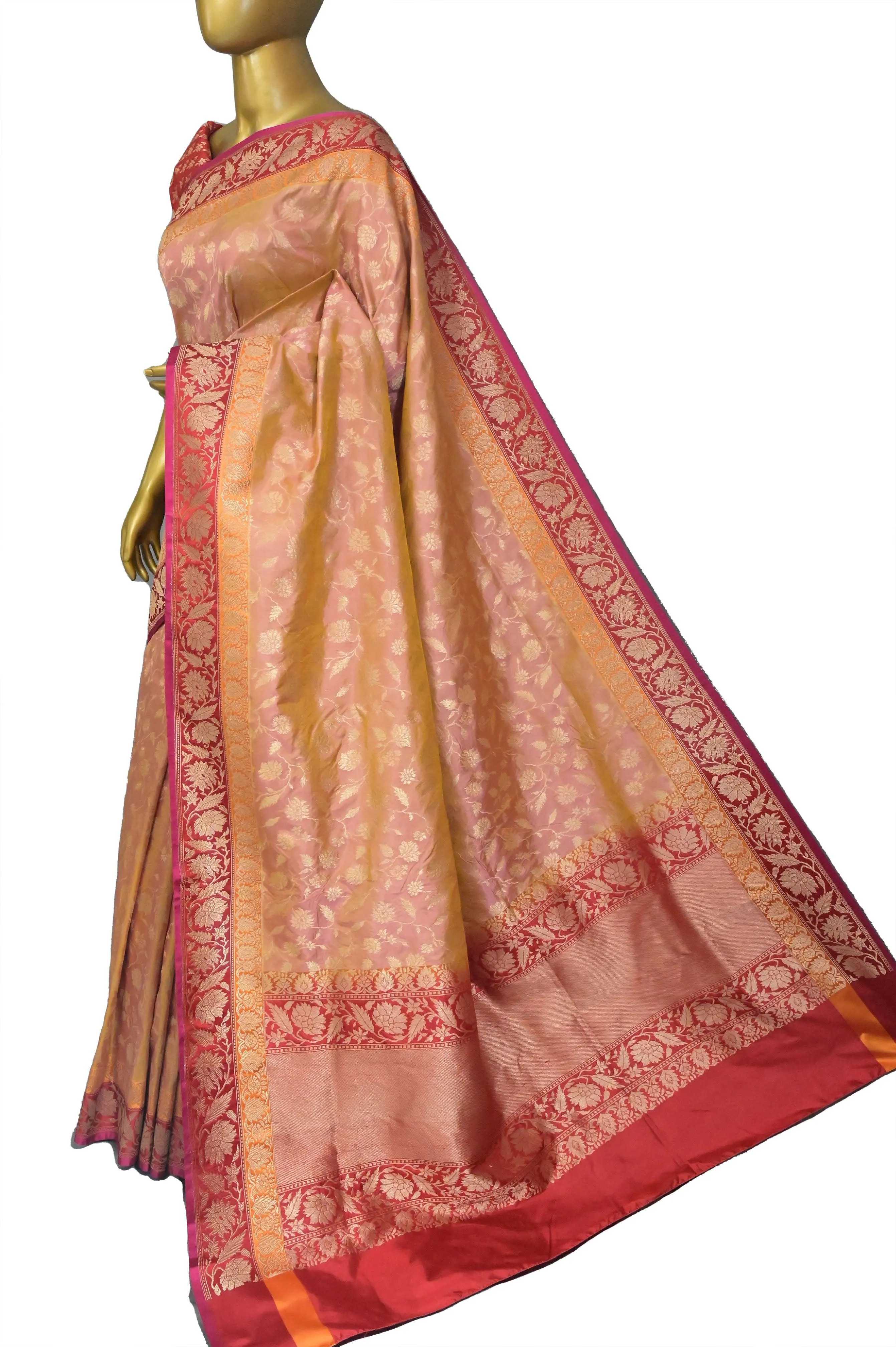 Peach Pink and Magenta Dual Tone Color Katan Banarasi with Allover Jaal Work