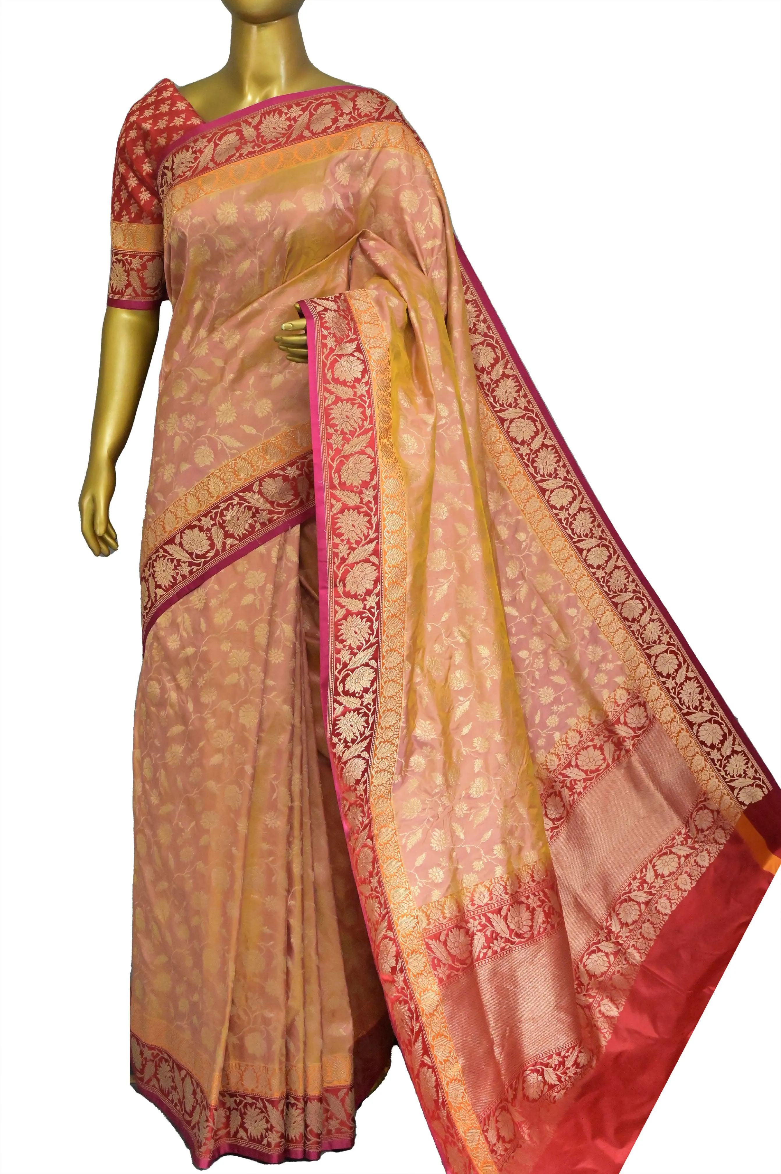 Peach Pink and Magenta Dual Tone Color Katan Banarasi with Allover Jaal Work