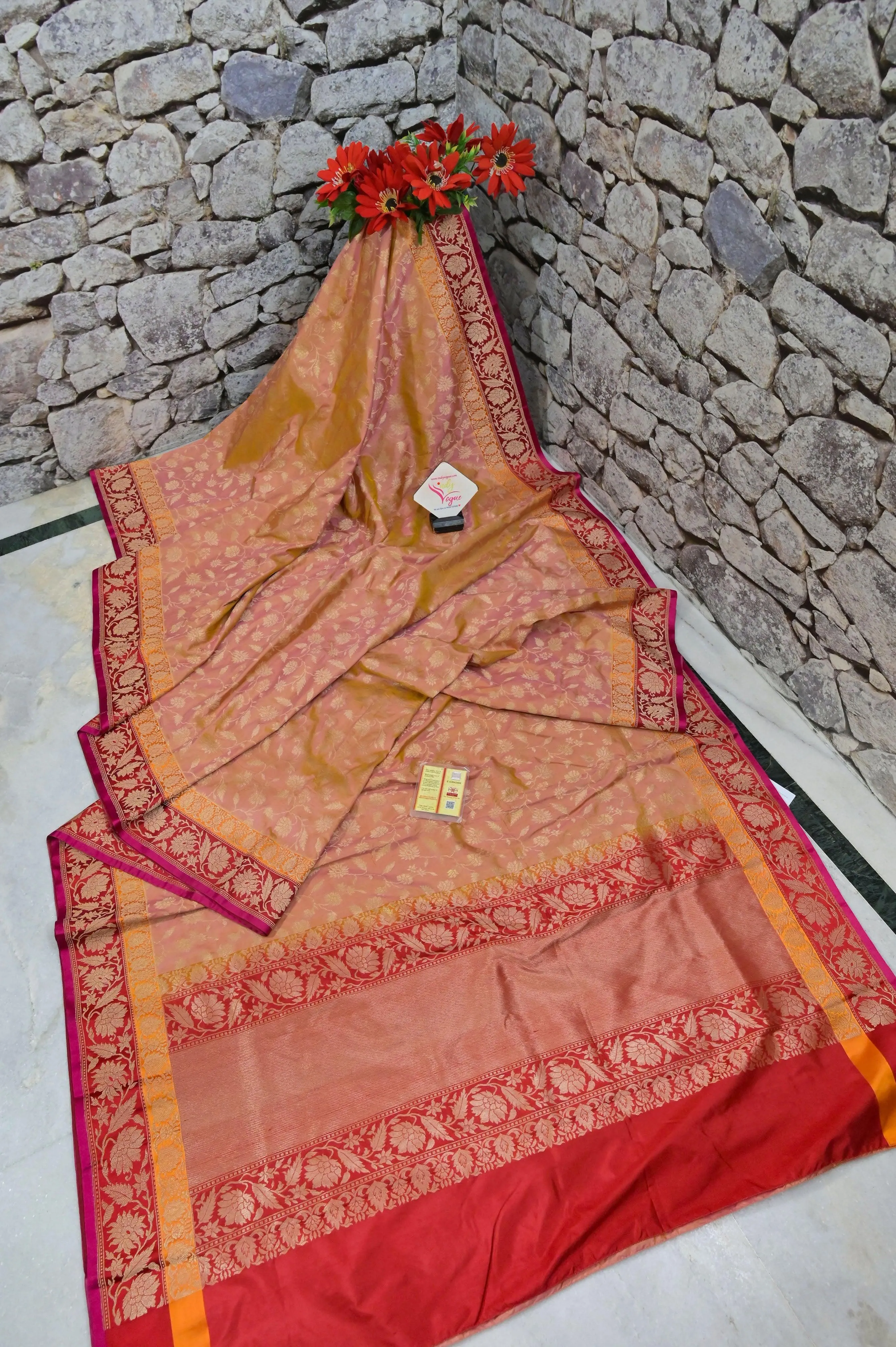 Peach Pink and Magenta Dual Tone Color Katan Banarasi with Allover Jaal Work