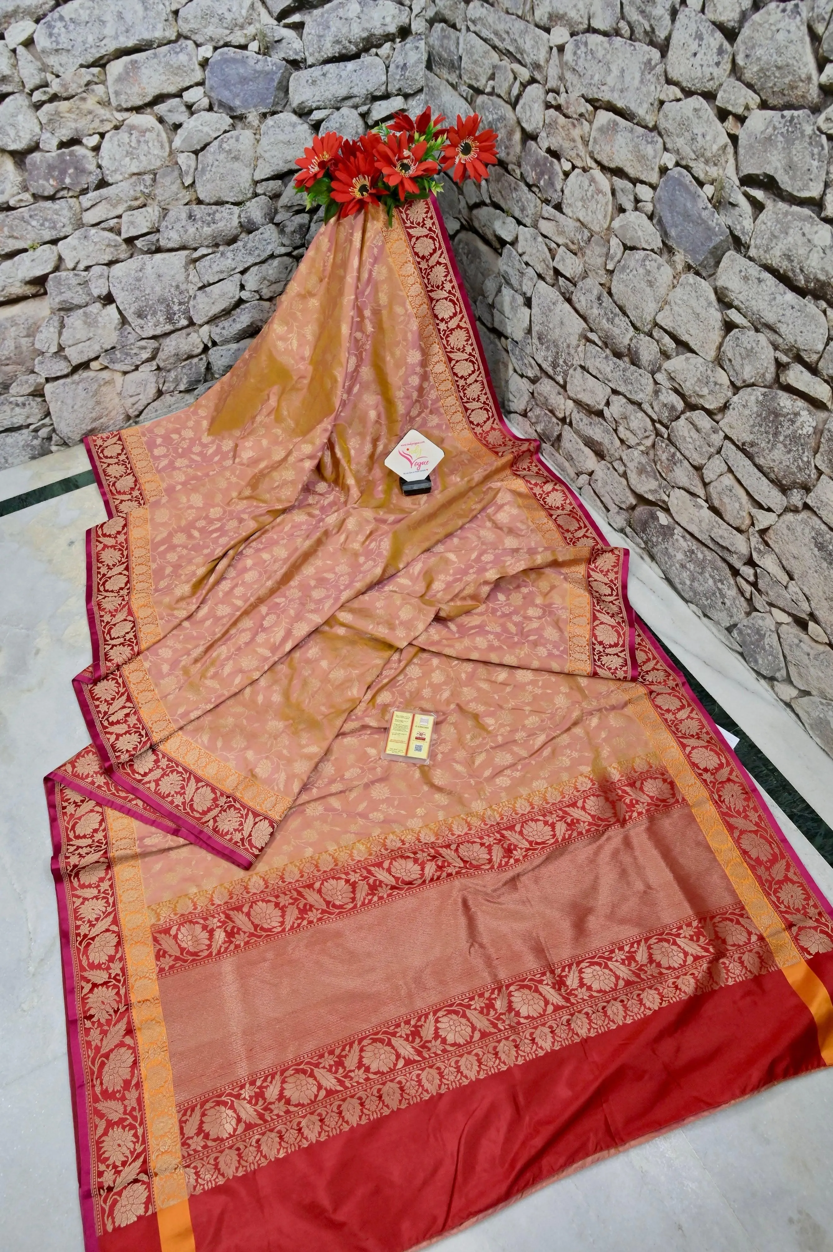 Peach Pink and Magenta Dual Tone Color Katan Banarasi with Allover Jaal Work