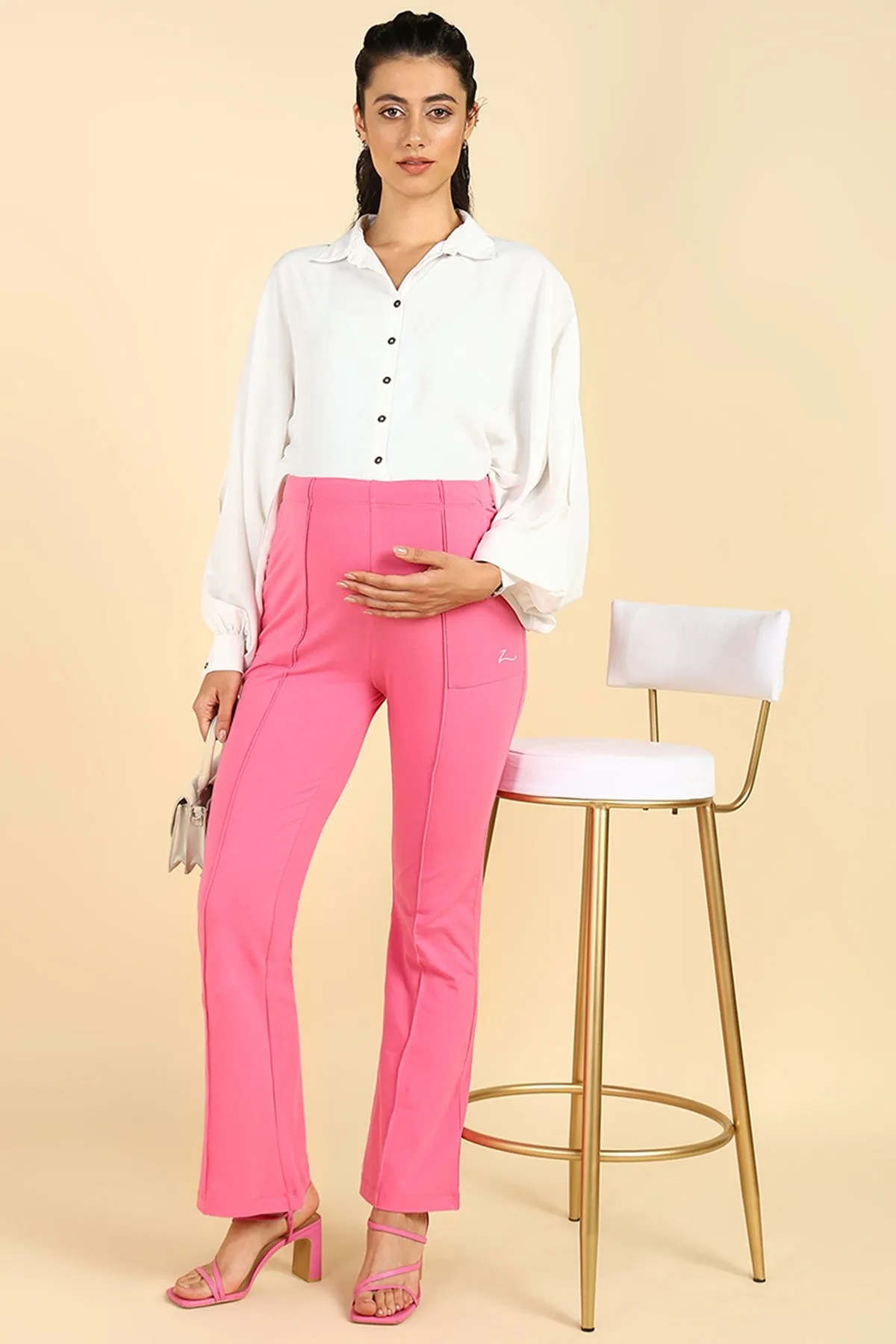 Pleated Cotton Pink Maternity Pants (Pregnancy & Postpartum)