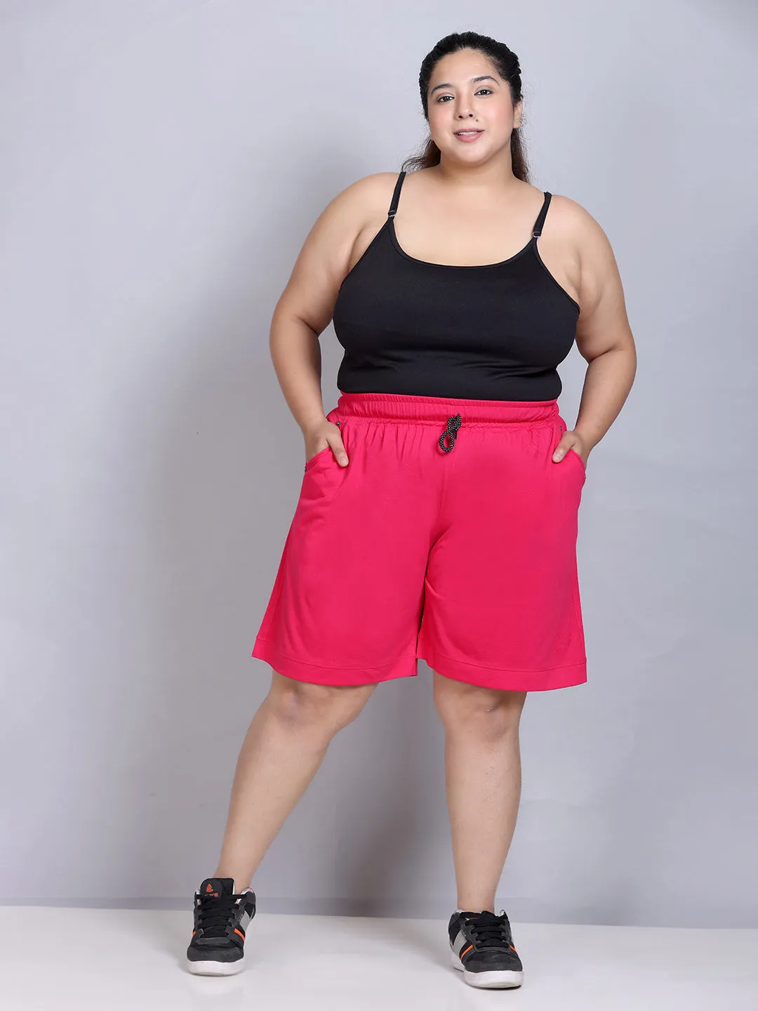 Plus Size Cotton Shorts For Women - Plain Bermuda - Pink