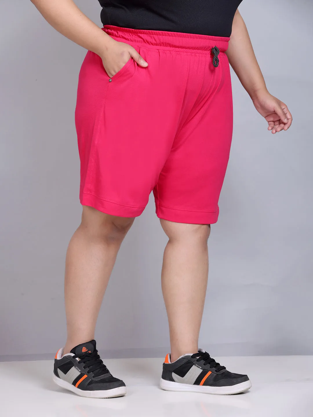 Plus Size Cotton Shorts For Women - Plain Bermuda - Pink