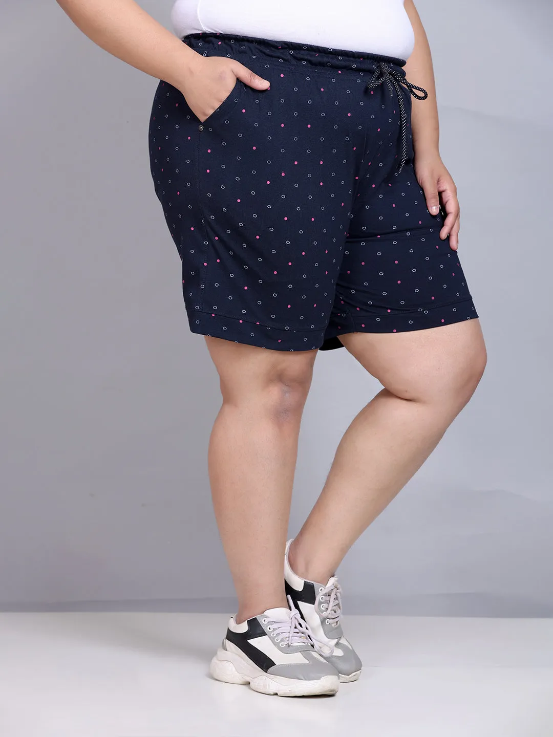 Plus Size Cotton Shorts For Women - Printed Bermuda - Navy Blue