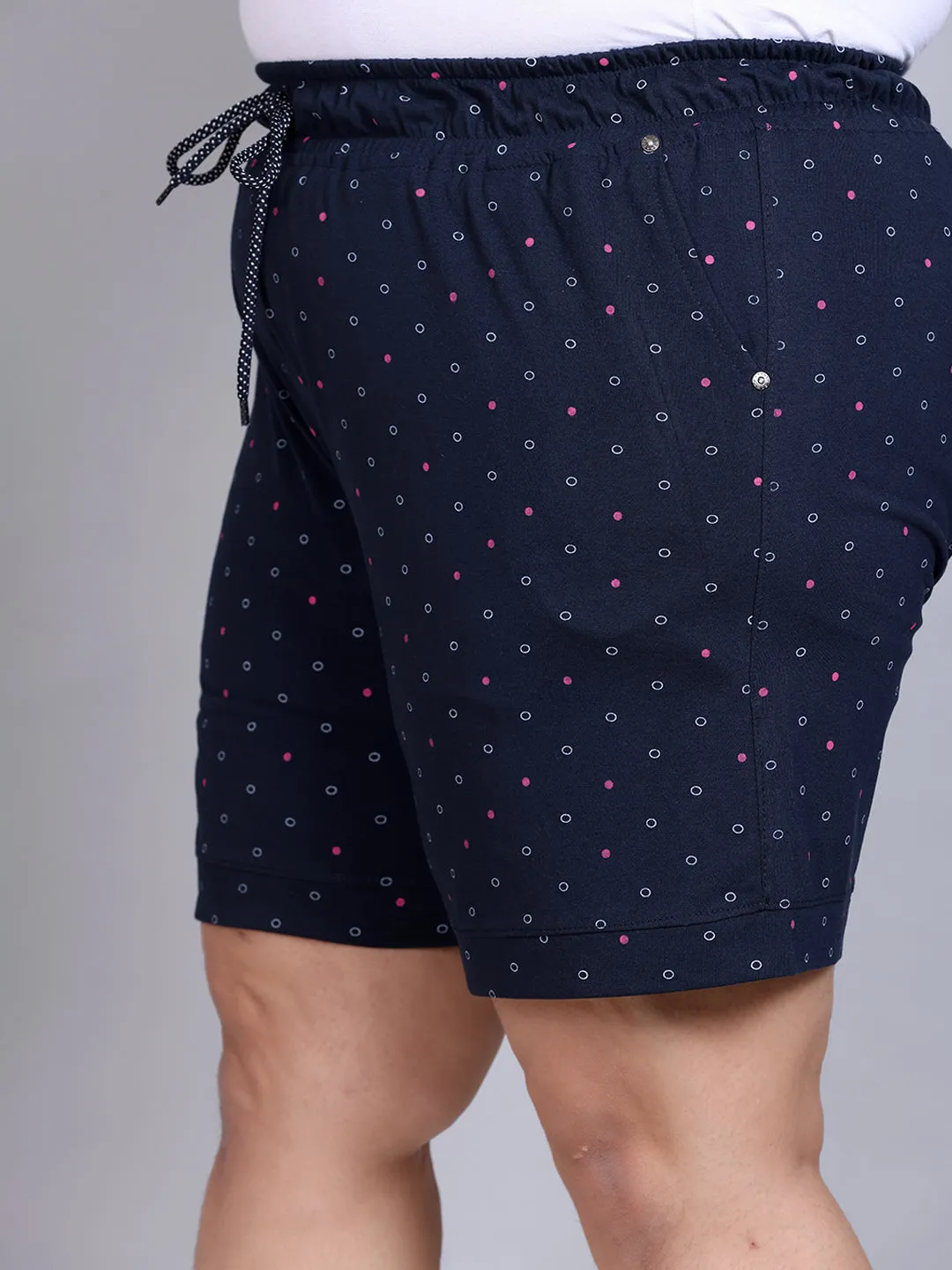 Plus Size Cotton Shorts For Women - Printed Bermuda - Navy Blue