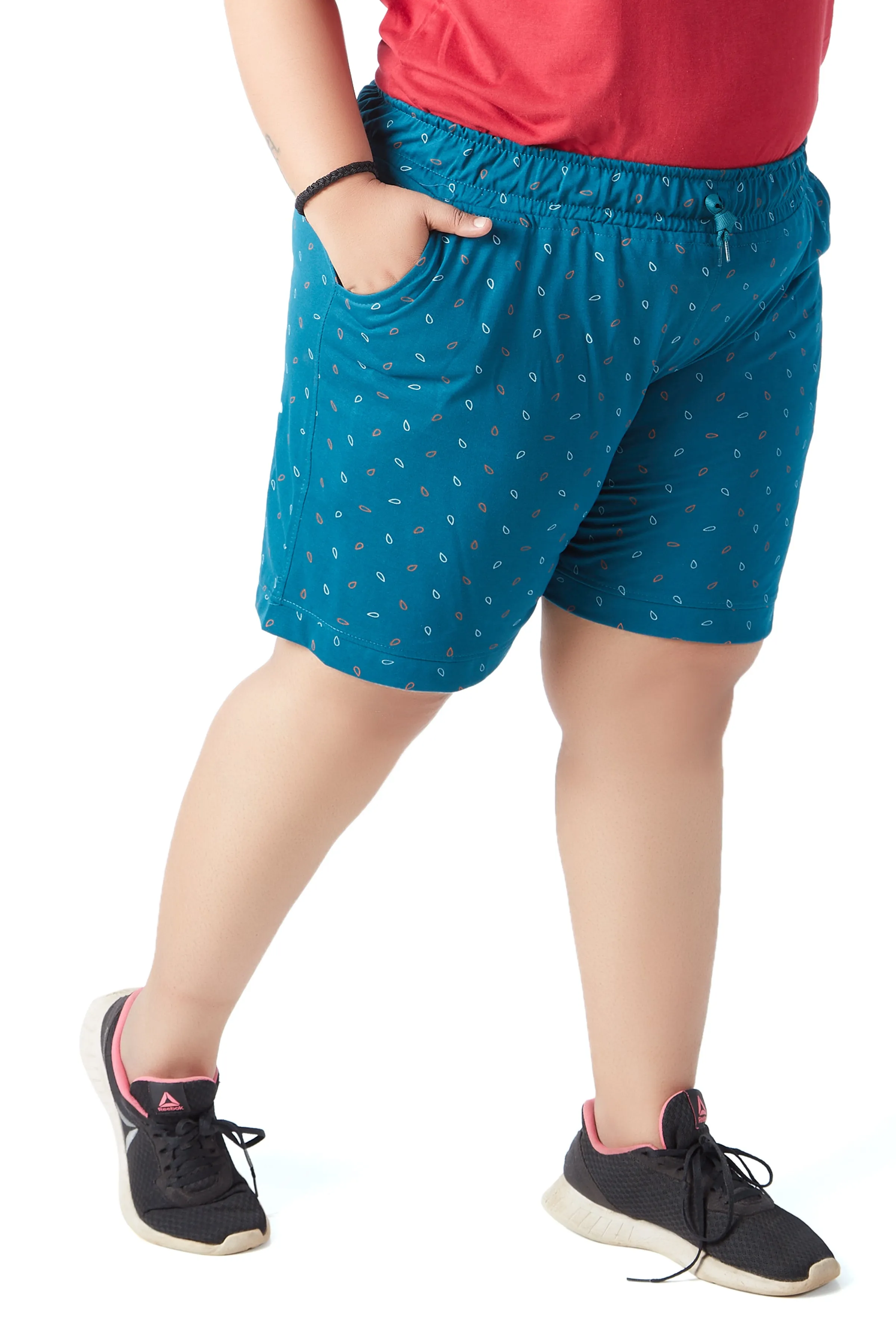 Plus Size Cotton Shorts For Women - Printed Bermuda - Teal Blue