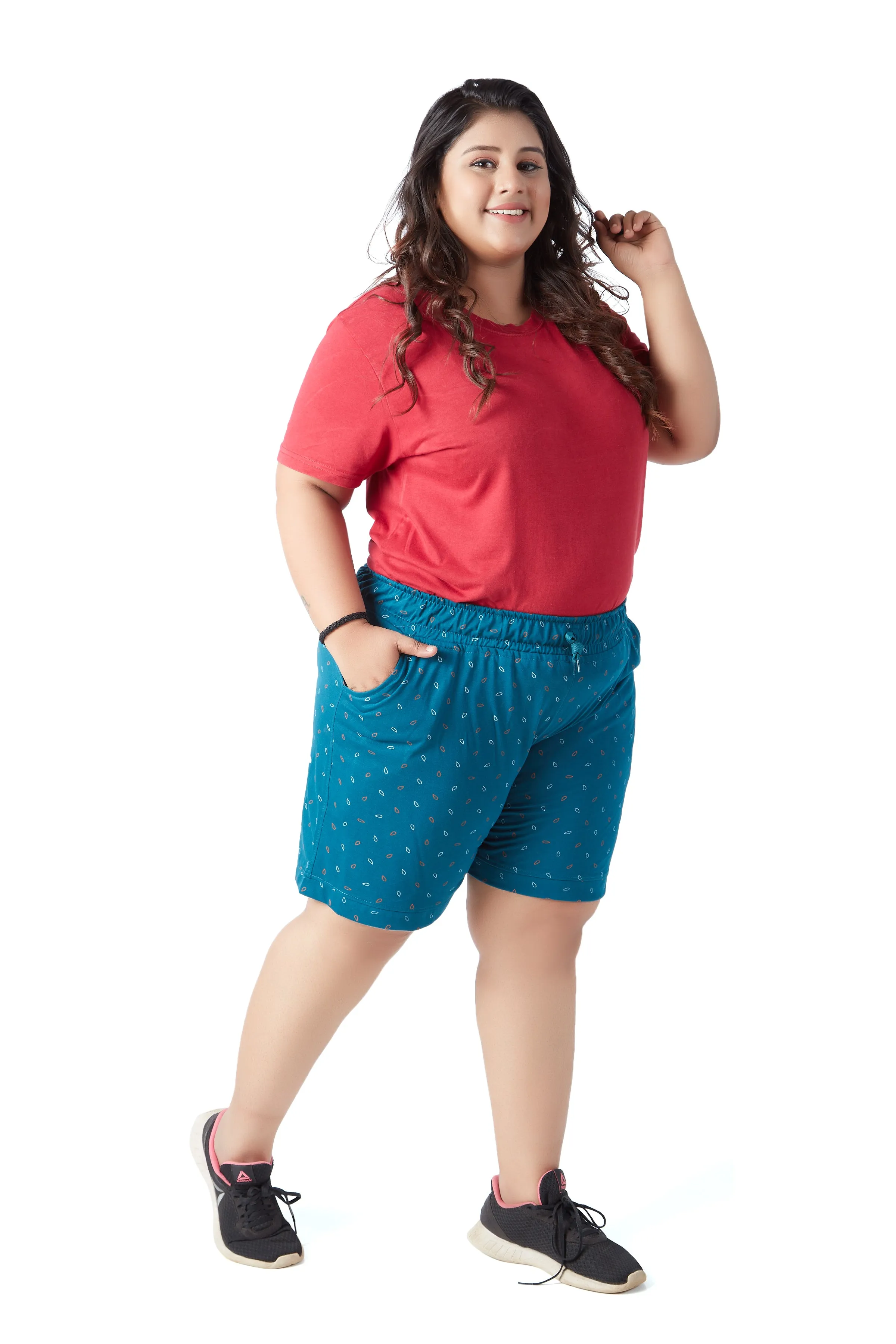 Plus Size Cotton Shorts For Women - Printed Bermuda - Teal Blue