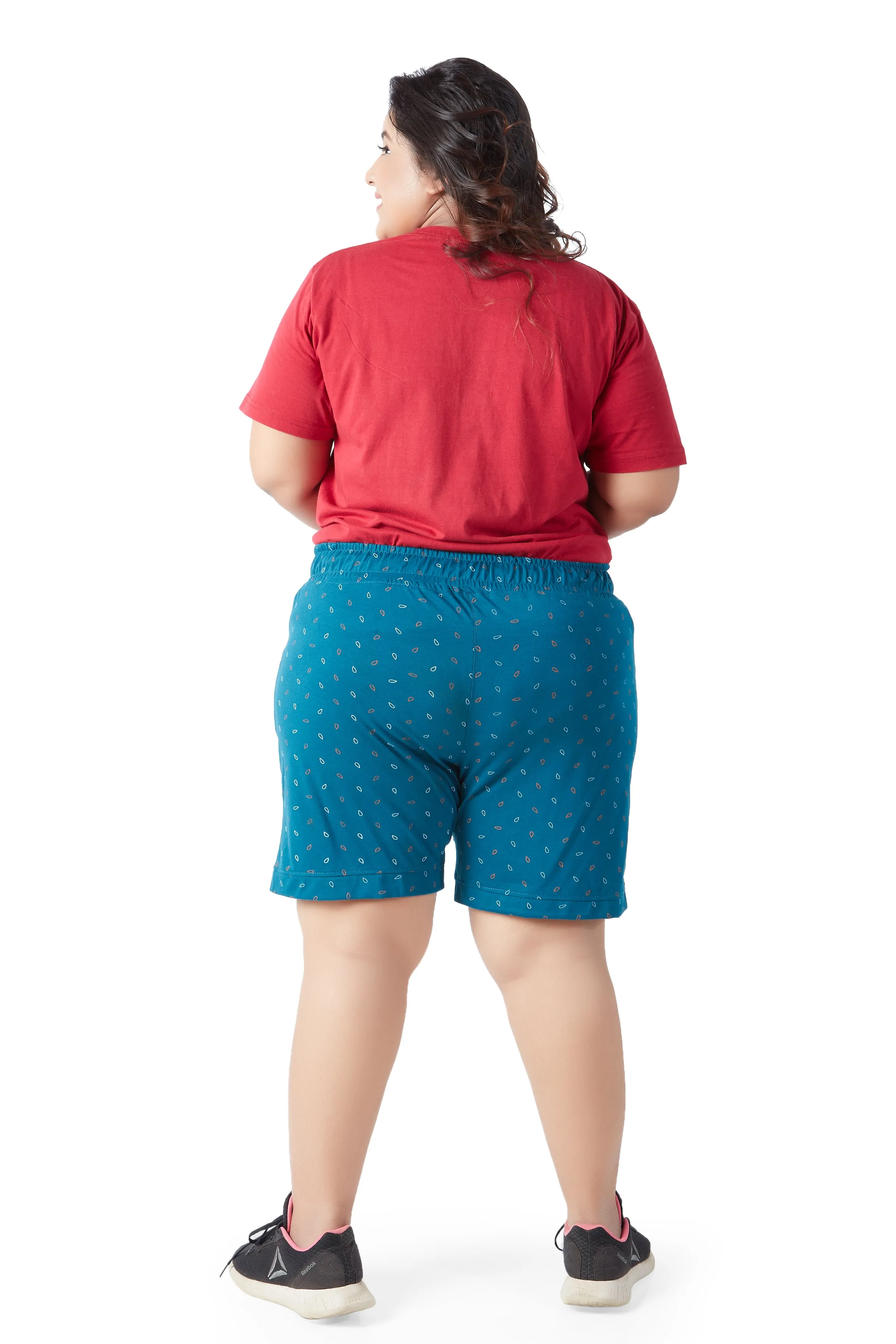 Plus Size Cotton Shorts For Women - Printed Bermuda - Teal Blue