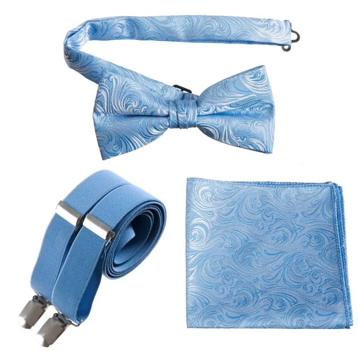 Pre-tied Bow Tie & Pocket Square Paisley Jacquard with Adjustable Stretch Suspender - RENTAL