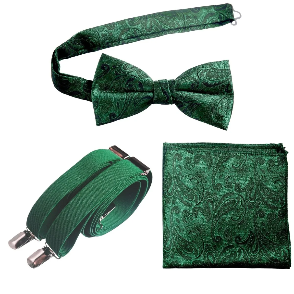 Pre-tied Bow Tie & Pocket Square Paisley Jacquard with Adjustable Stretch Suspender - RENTAL