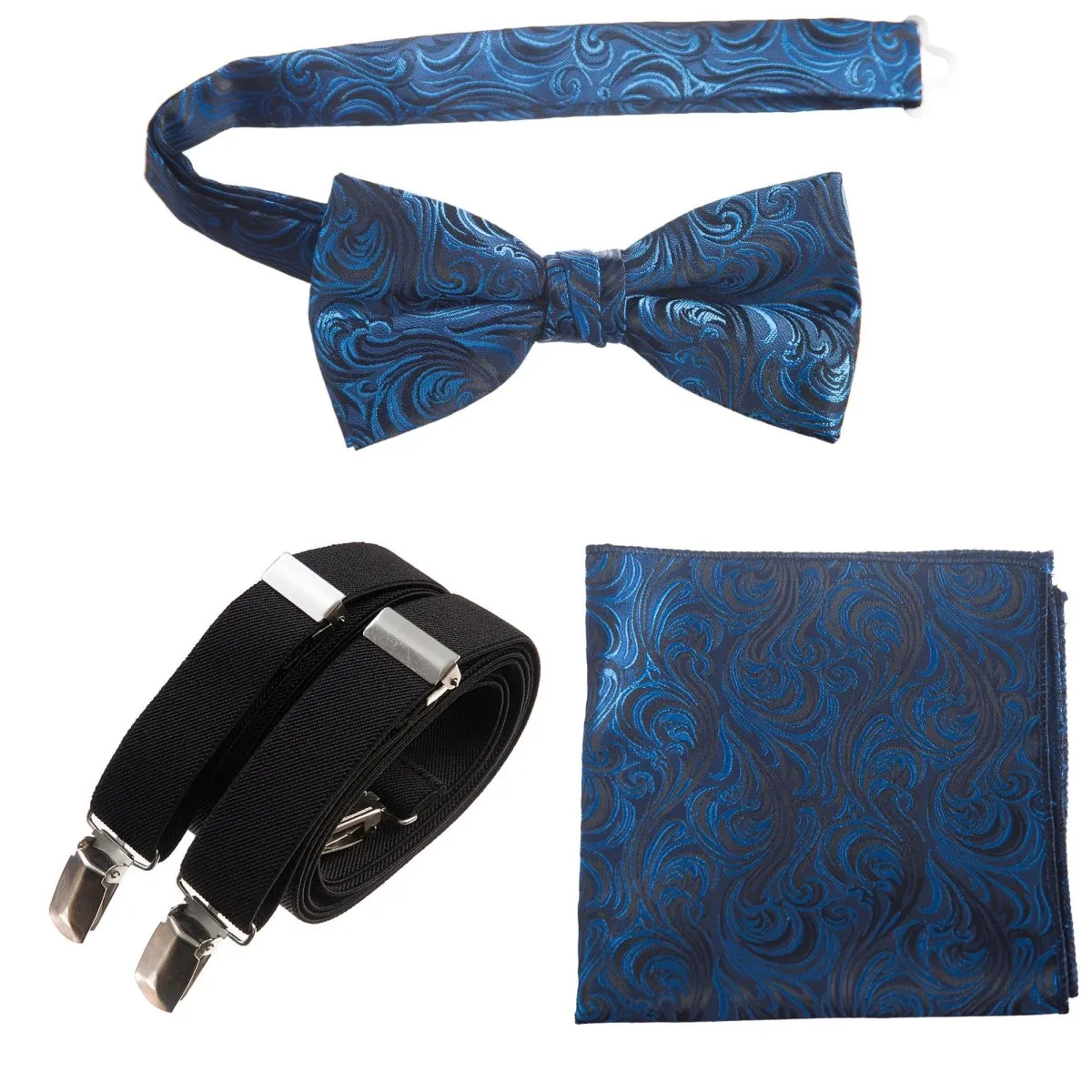 Pre-tied Bow Tie & Pocket Square Paisley Jacquard with Adjustable Stretch Suspender - RENTAL