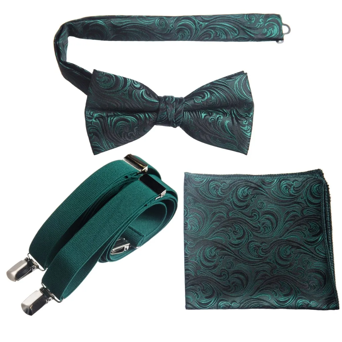 Pre-tied Bow Tie & Pocket Square Paisley Jacquard with Adjustable Stretch Suspender - RENTAL