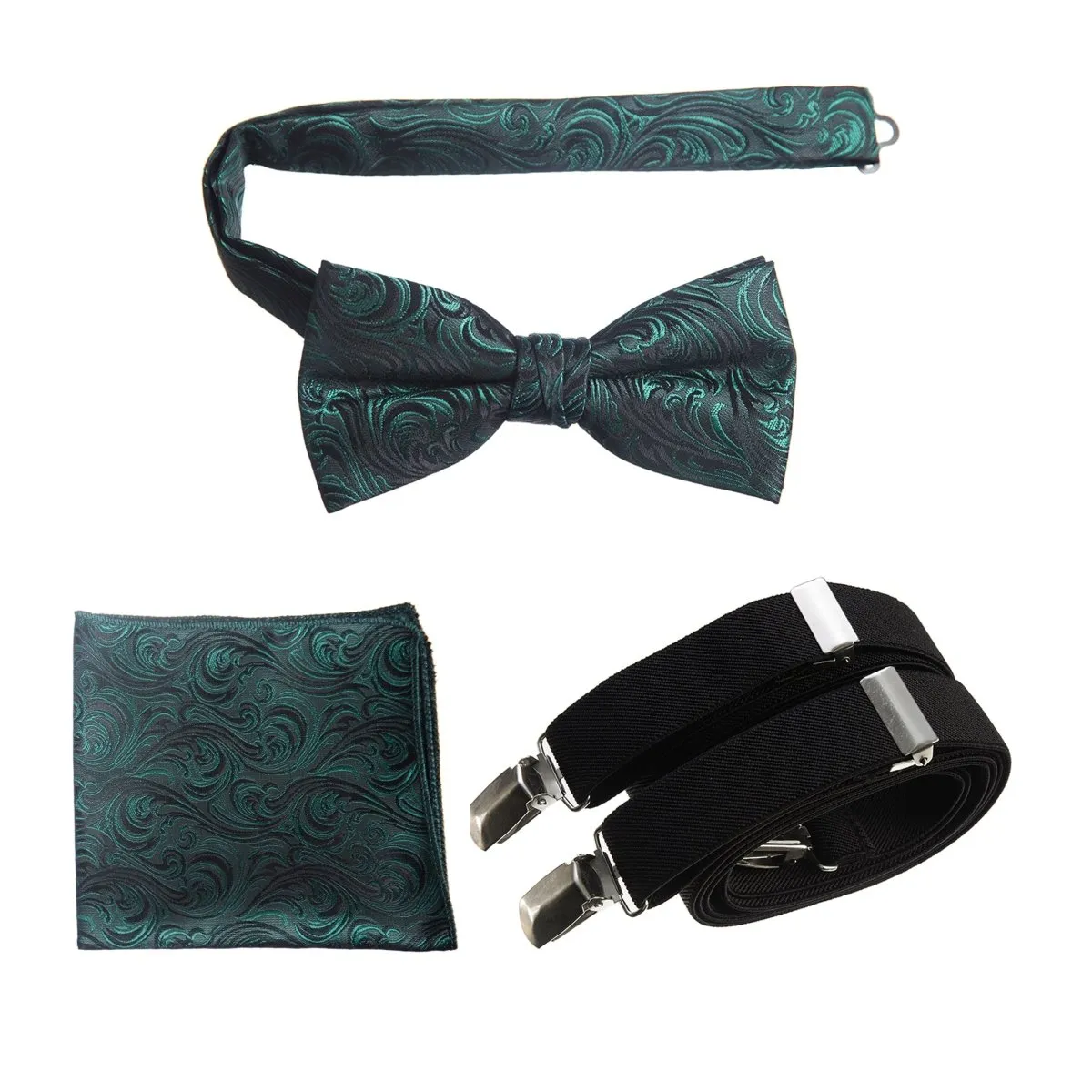 Pre-tied Bow Tie & Pocket Square Paisley Jacquard with Adjustable Stretch Suspender - RENTAL