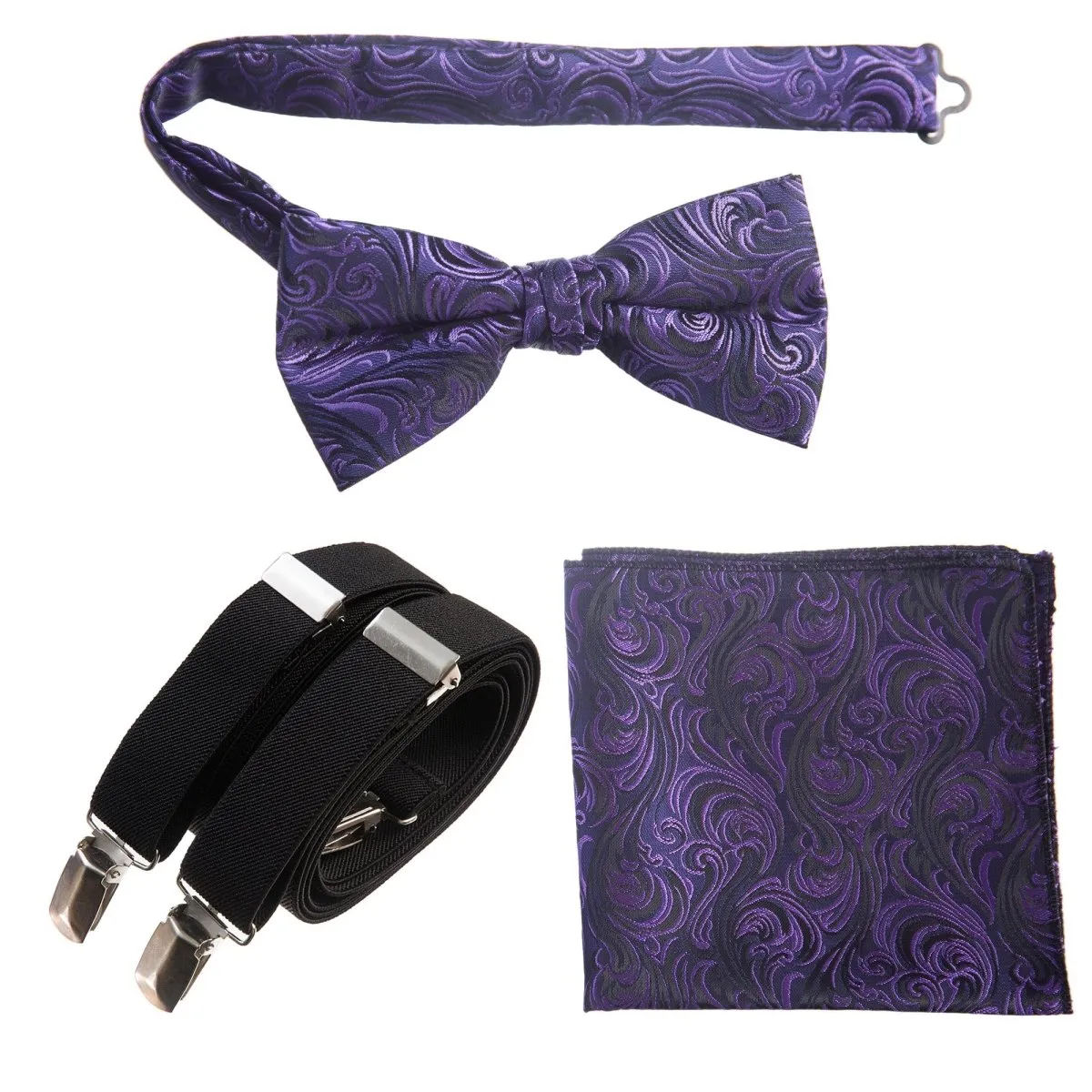 Pre-tied Bow Tie & Pocket Square Paisley Jacquard with Adjustable Stretch Suspender - RENTAL