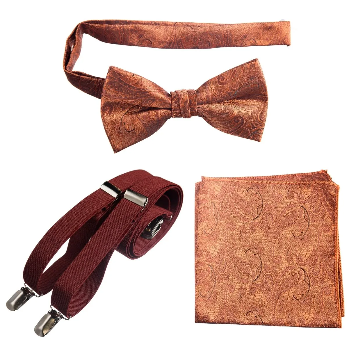 Pre-tied Bow Tie & Pocket Square Paisley Jacquard with Adjustable Stretch Suspender - RENTAL