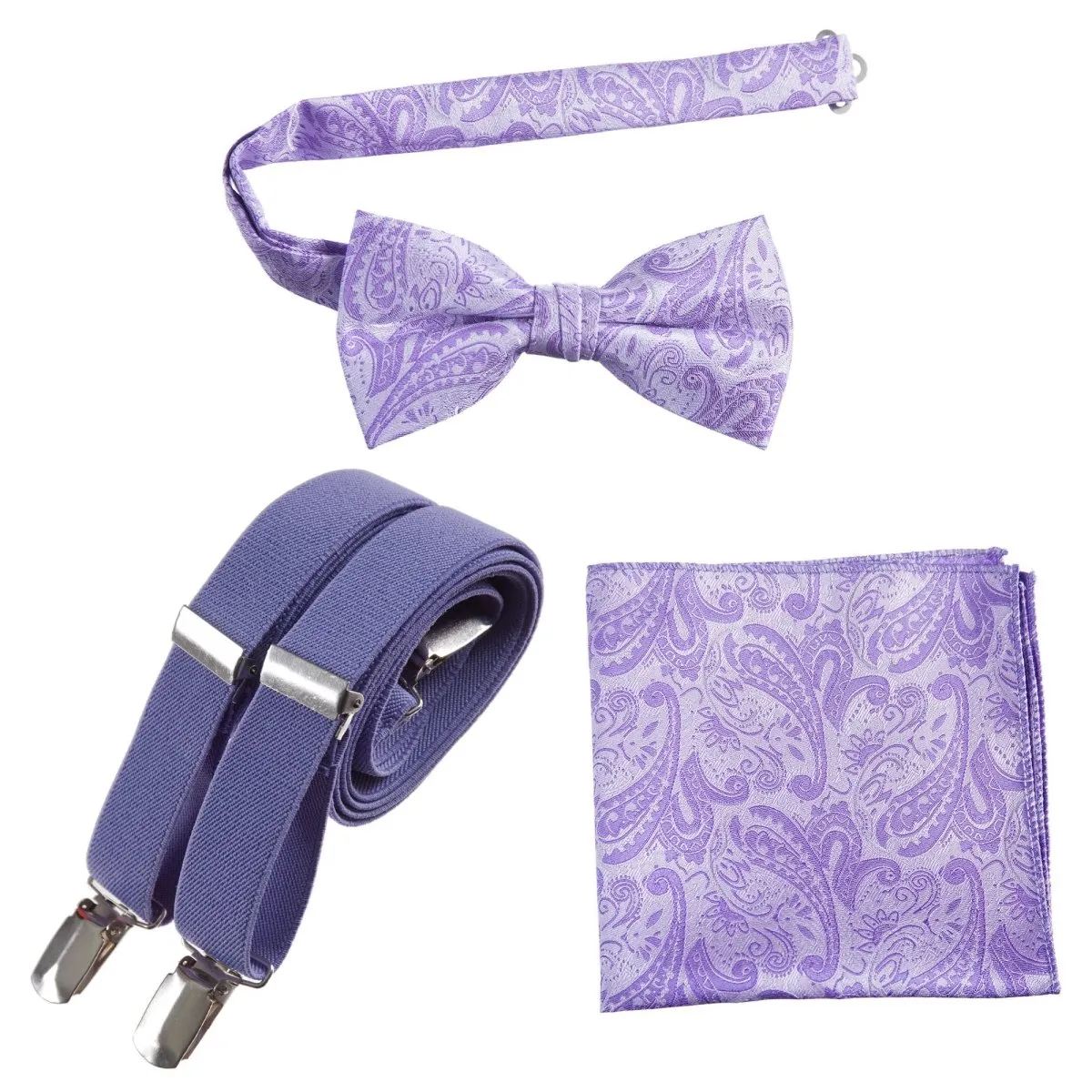 Pre-tied Bow Tie & Pocket Square Paisley Jacquard with Adjustable Stretch Suspender - RENTAL