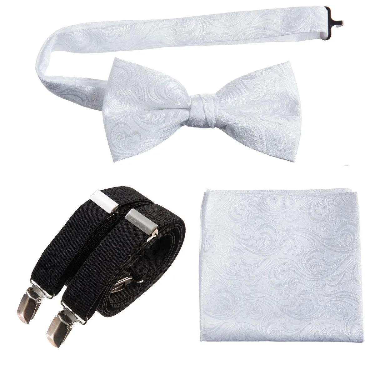 Pre-tied Bow Tie & Pocket Square Paisley Jacquard with Adjustable Stretch Suspender - RENTAL