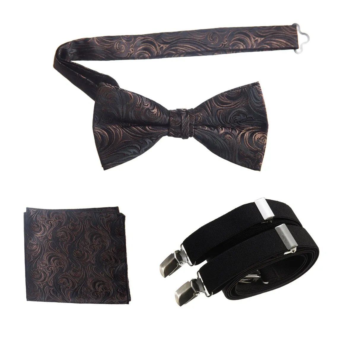 Pre-tied Bow Tie & Pocket Square Paisley Jacquard with Adjustable Stretch Suspender - RENTAL