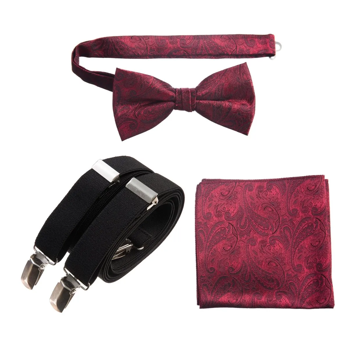 Pre-tied Bow Tie & Pocket Square Paisley Jacquard with Adjustable Stretch Suspender - RENTAL