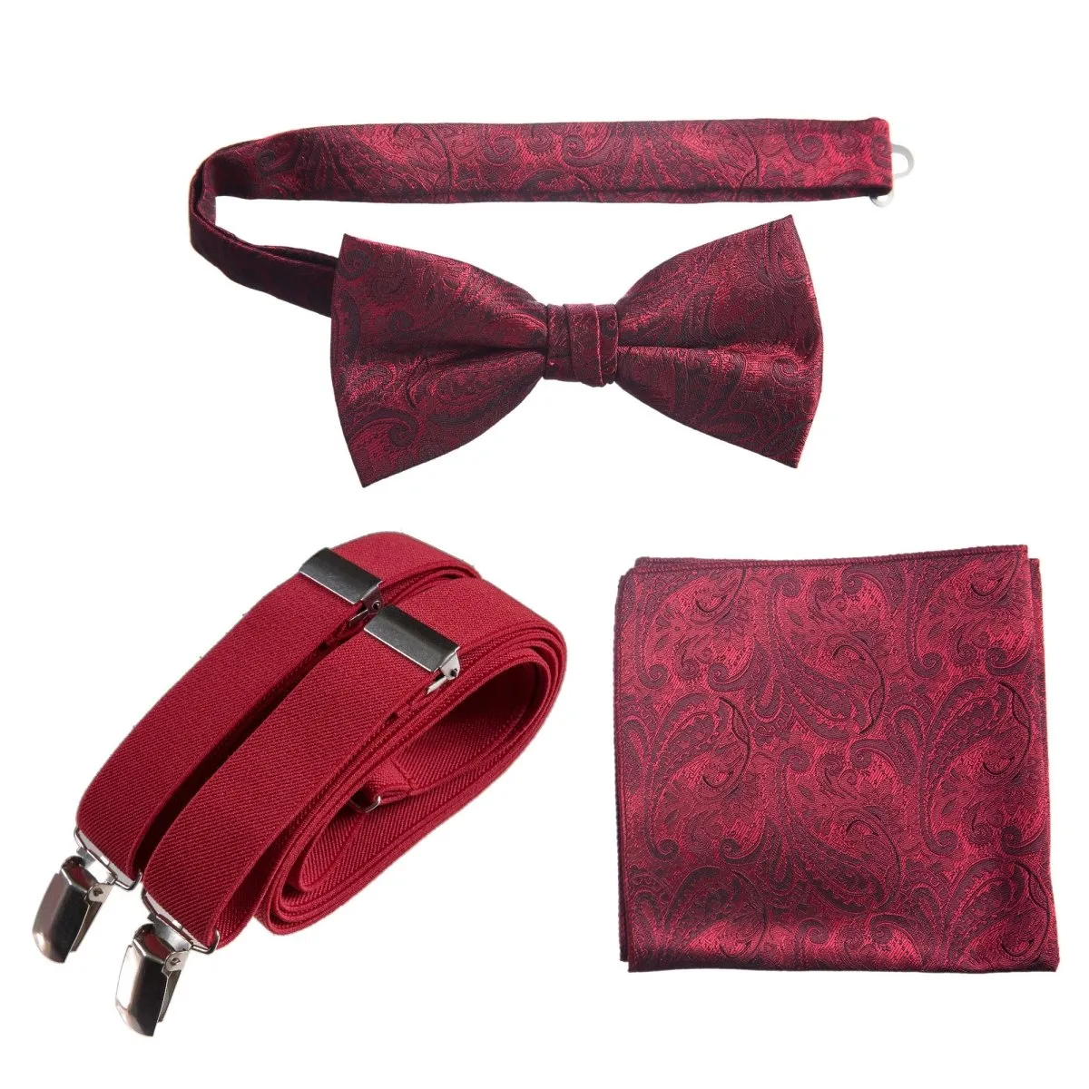 Pre-tied Bow Tie & Pocket Square Paisley Jacquard with Adjustable Stretch Suspender - RENTAL