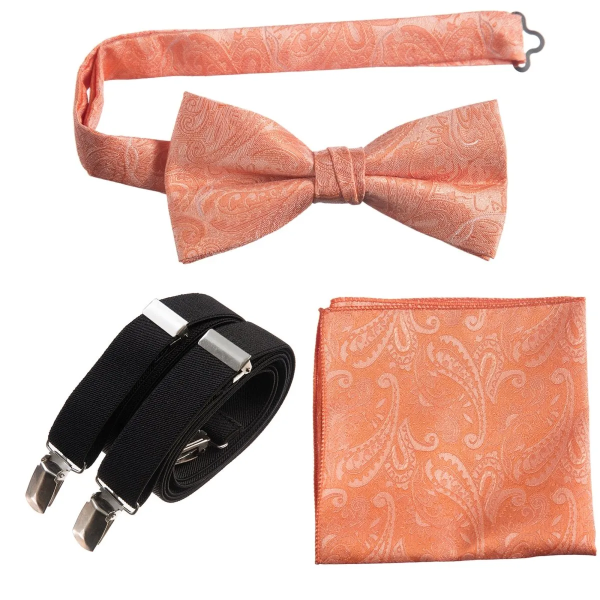 Pre-tied Bow Tie & Pocket Square Paisley Jacquard with Adjustable Stretch Suspender - RENTAL