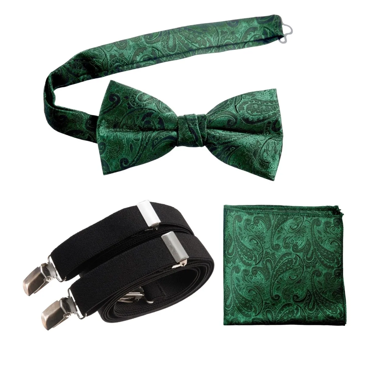 Pre-tied Bow Tie & Pocket Square Paisley Jacquard with Adjustable Stretch Suspender - RENTAL