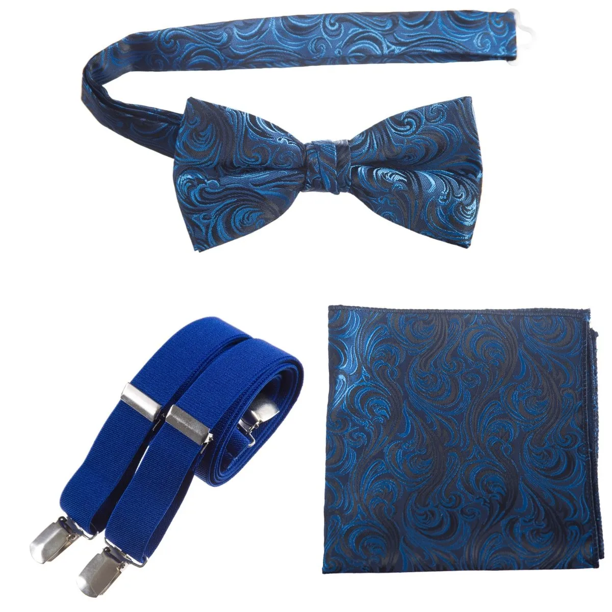 Pre-tied Bow Tie & Pocket Square Paisley Jacquard with Adjustable Stretch Suspender - RENTAL