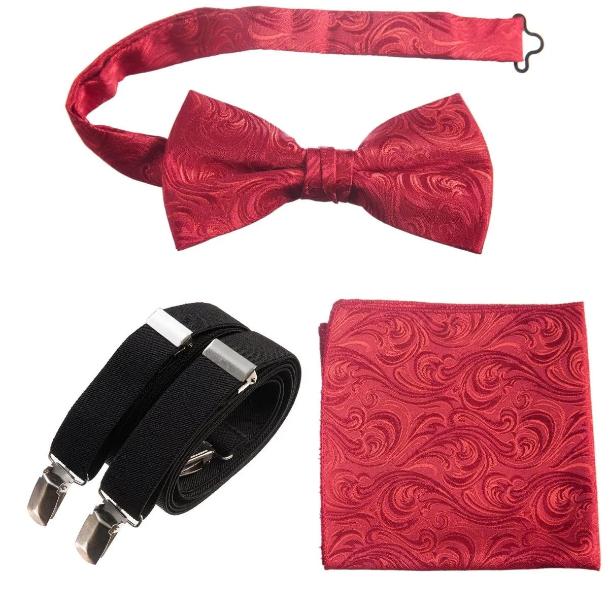 Pre-tied Bow Tie & Pocket Square Paisley Jacquard with Adjustable Stretch Suspender - RENTAL