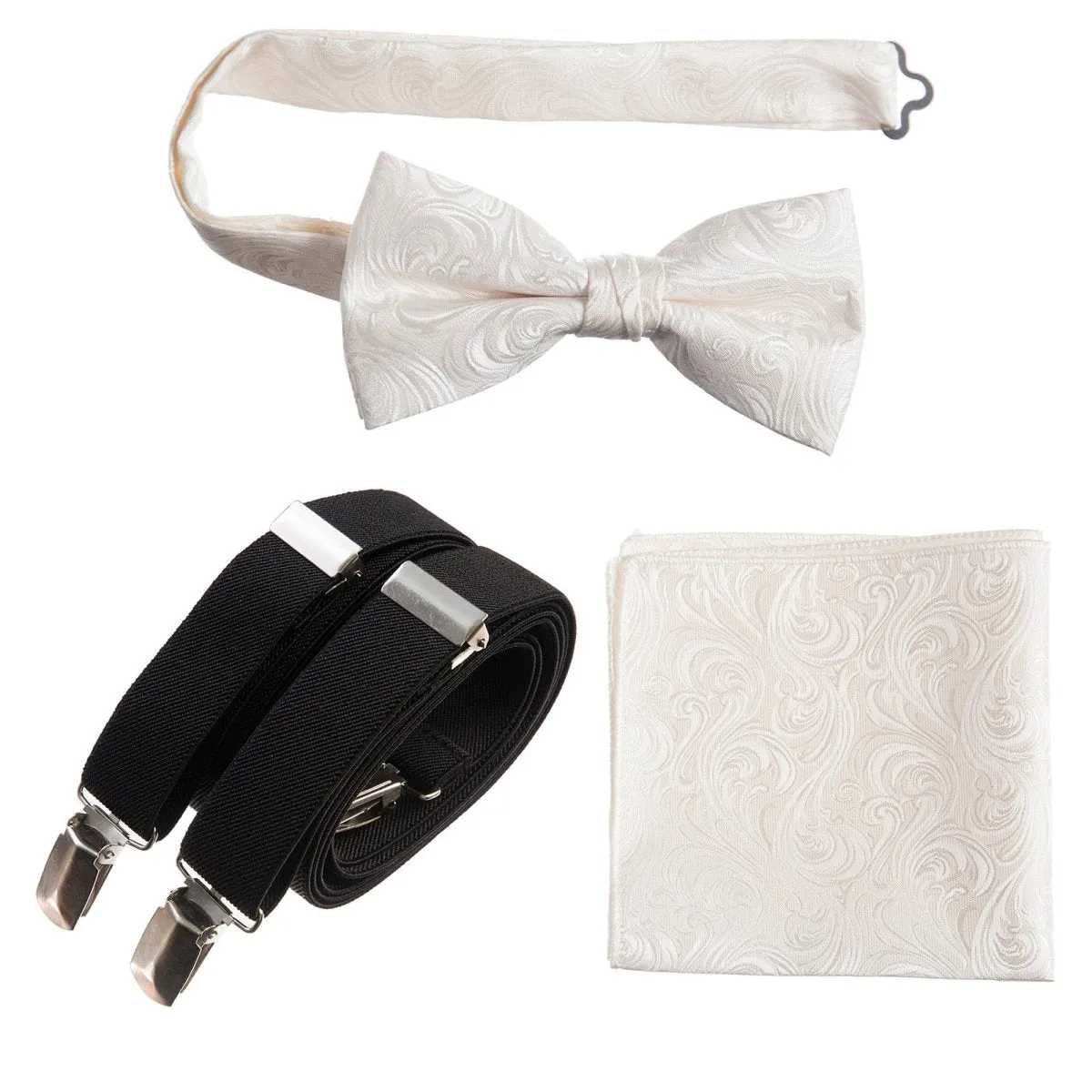 Pre-tied Bow Tie & Pocket Square Paisley Jacquard with Adjustable Stretch Suspender - RENTAL