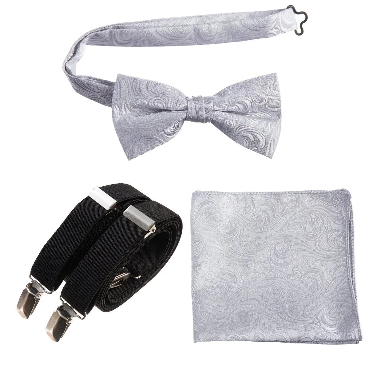 Pre-tied Bow Tie & Pocket Square Paisley Jacquard with Adjustable Stretch Suspender - RENTAL