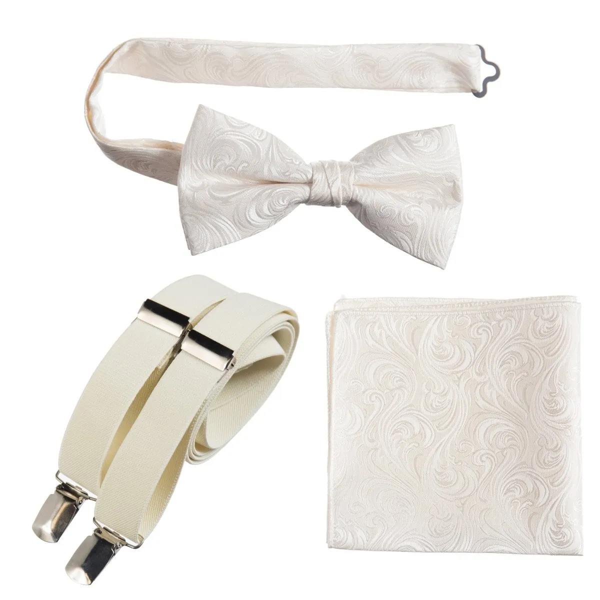 Pre-tied Bow Tie & Pocket Square Paisley Jacquard with Adjustable Stretch Suspender - RENTAL