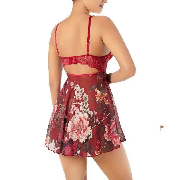 Printed Lace & Mesh Bold Babydoll With G-String | Wedding Nighty for Women- RED