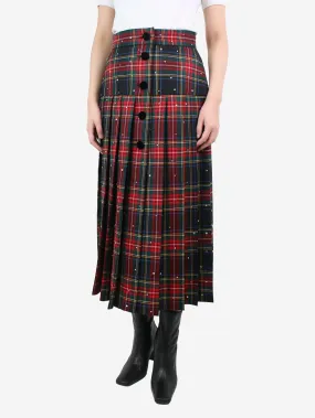 Red crystal-embellished tartan midi skirt - size UK 10