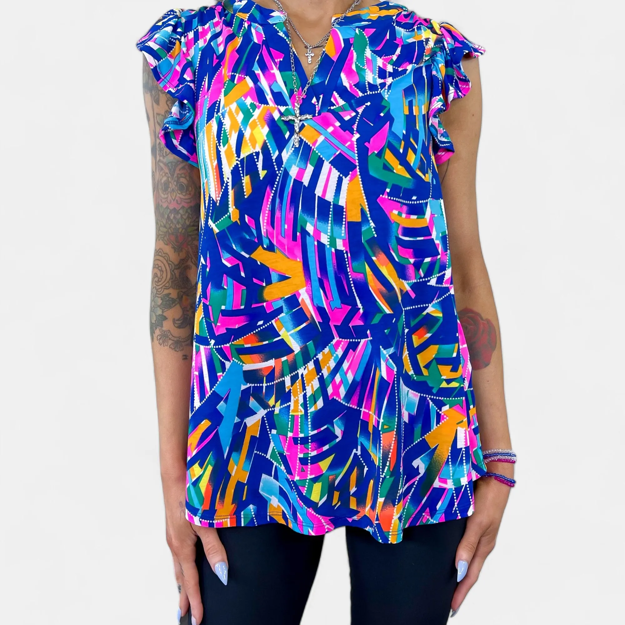 Royal Multi Abstract Lizzy Flutter Sleeve Top [NO RETURNS]