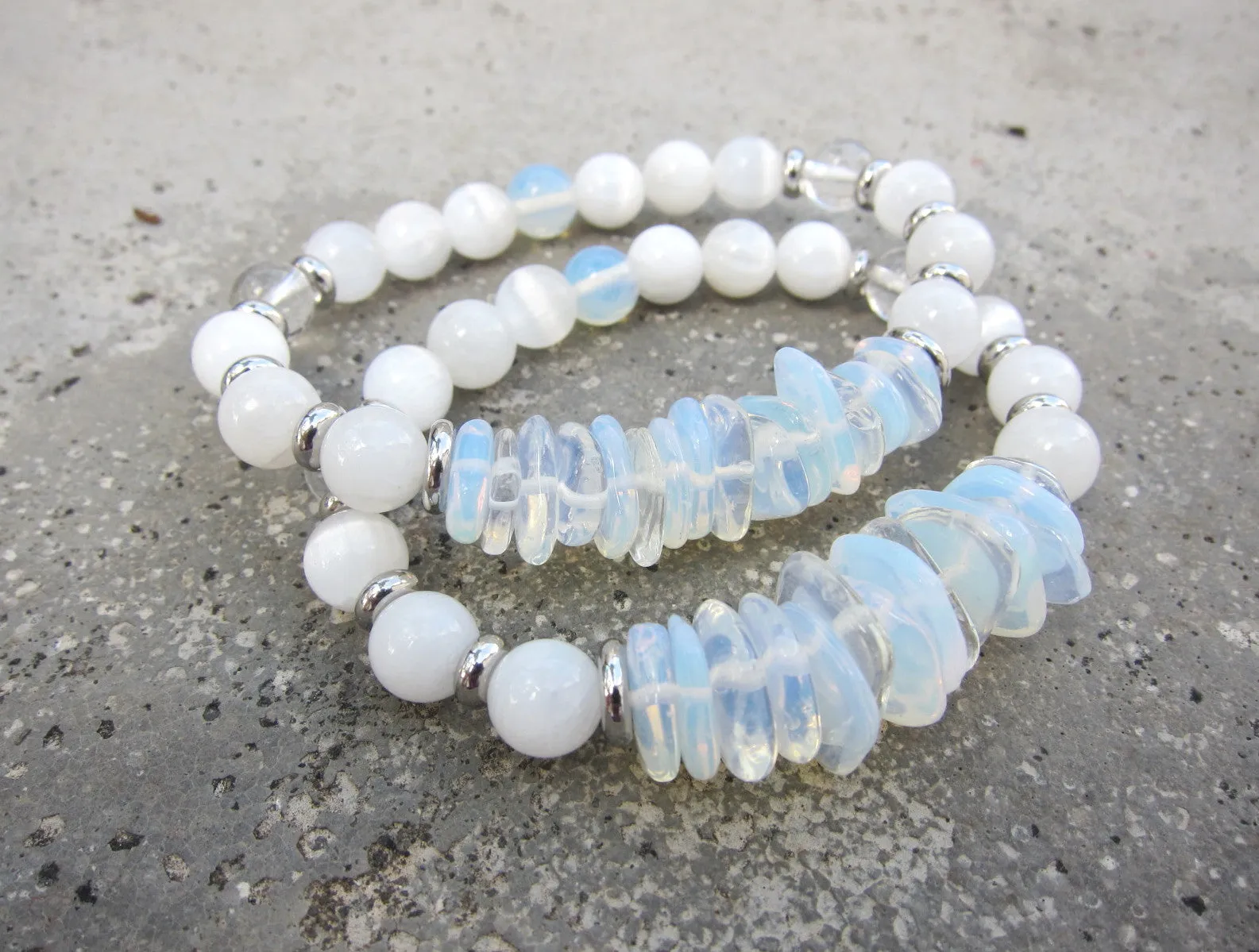 Selenite, Moonstone, Opal, Clear Quartz Single Mala Bracelet