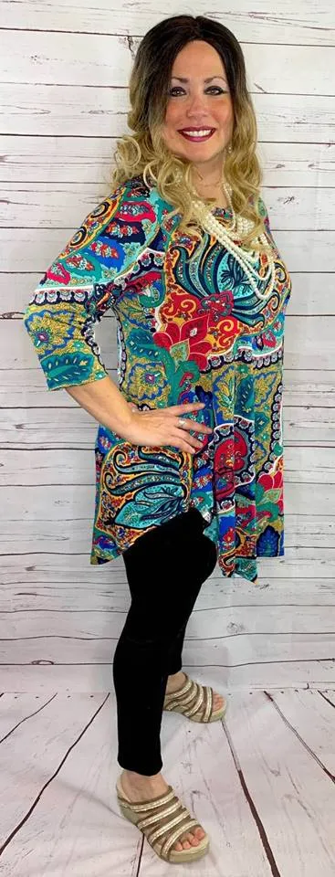 SM/MED *Turquoise, Mustard, Pink Paisley Scoop Tunic Top