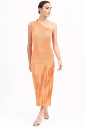 Soiree One Shoulder Orange Pleated Maxi Dress