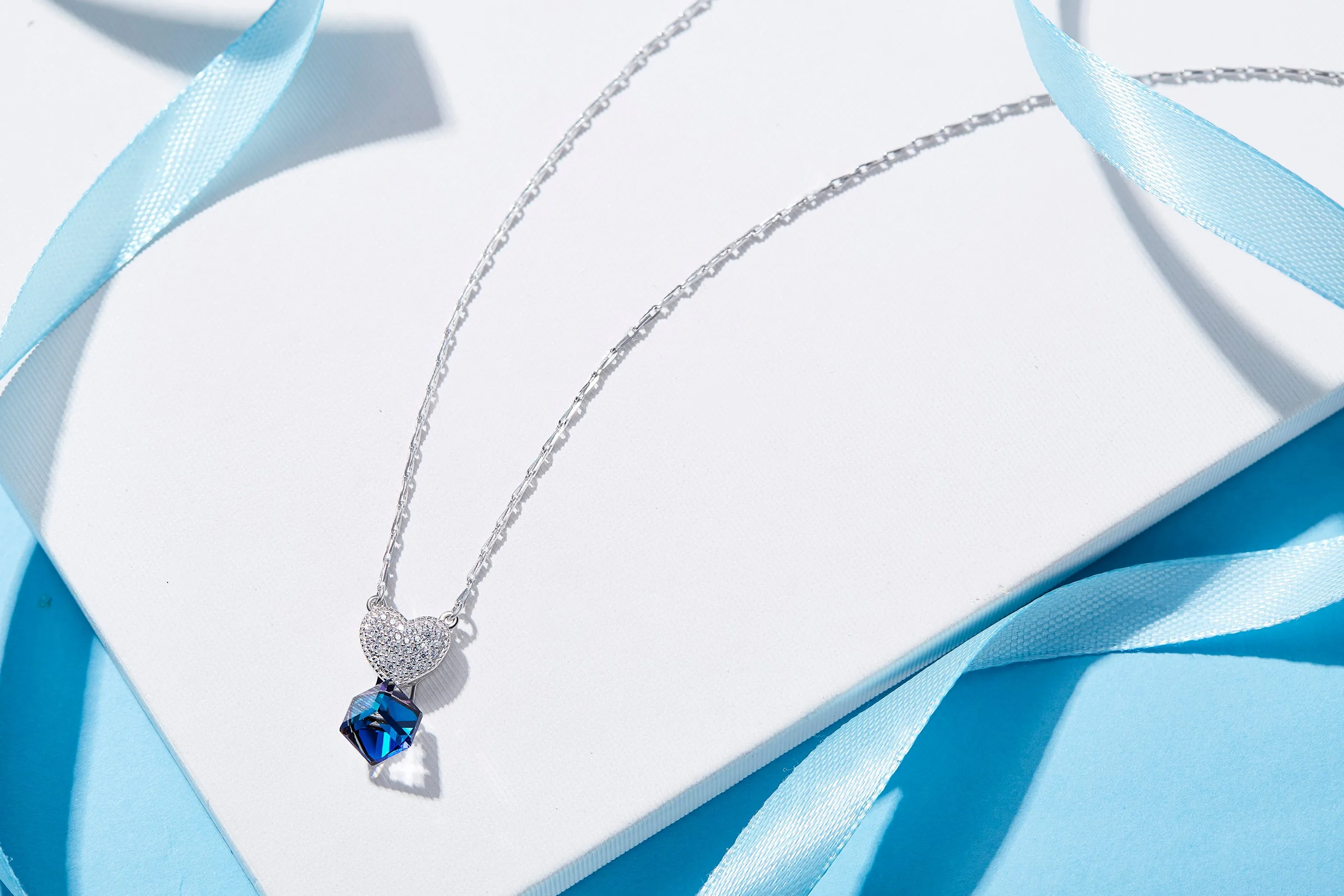 Sterling silver cubic sapphire heart necklace