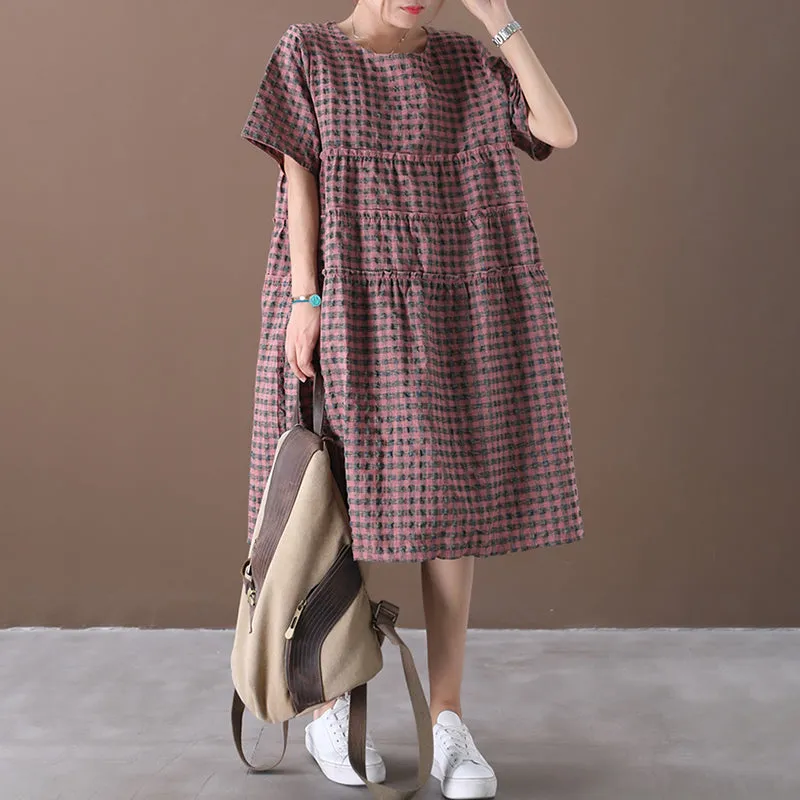 Summer Plaid Round Neck Cotton Linen Midi Dress