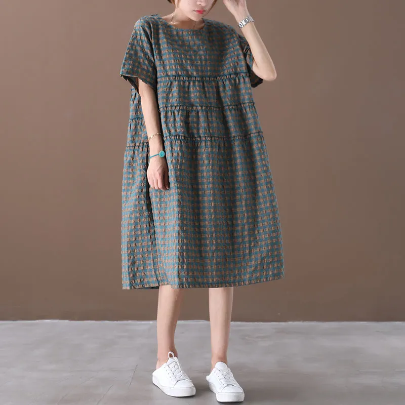 Summer Plaid Round Neck Cotton Linen Midi Dress