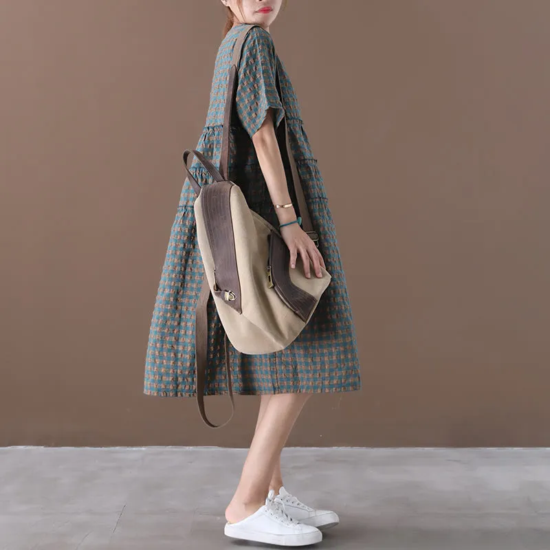 Summer Plaid Round Neck Cotton Linen Midi Dress