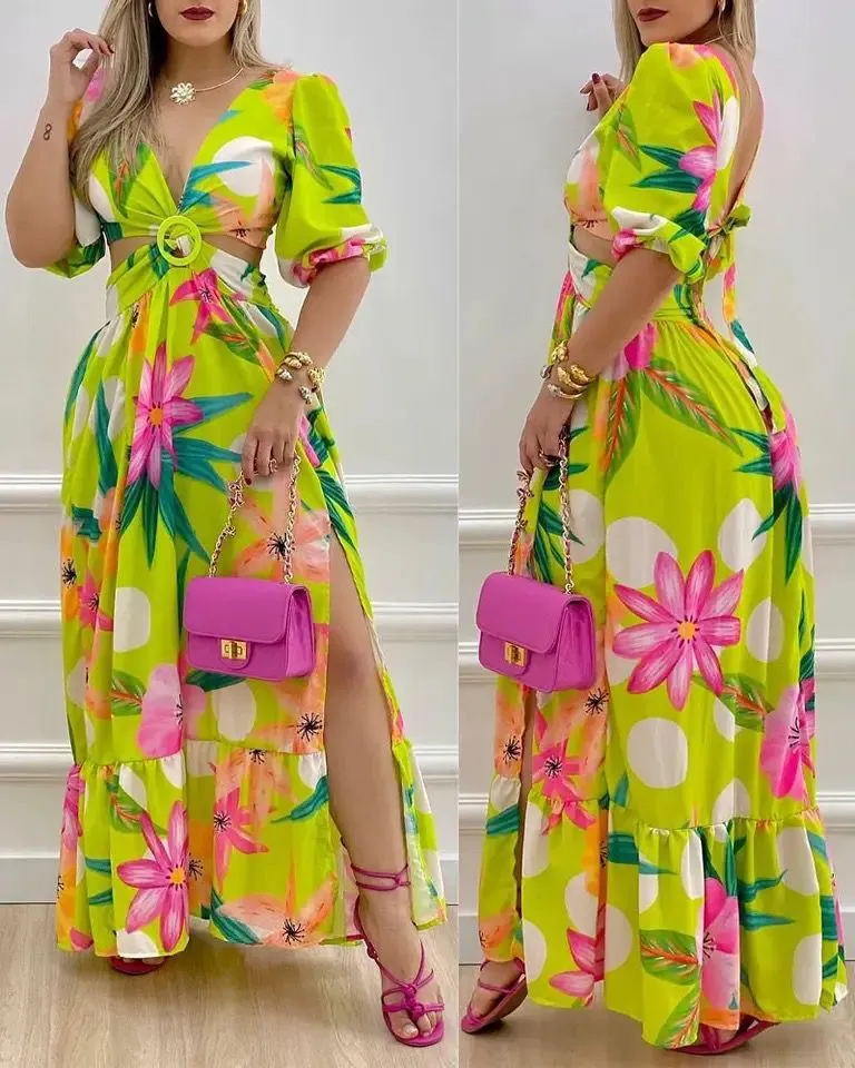 Summer Women half Sleeved Cutout V-Neck Twist Elegant Tie Maxi Dress 3XL B-83351