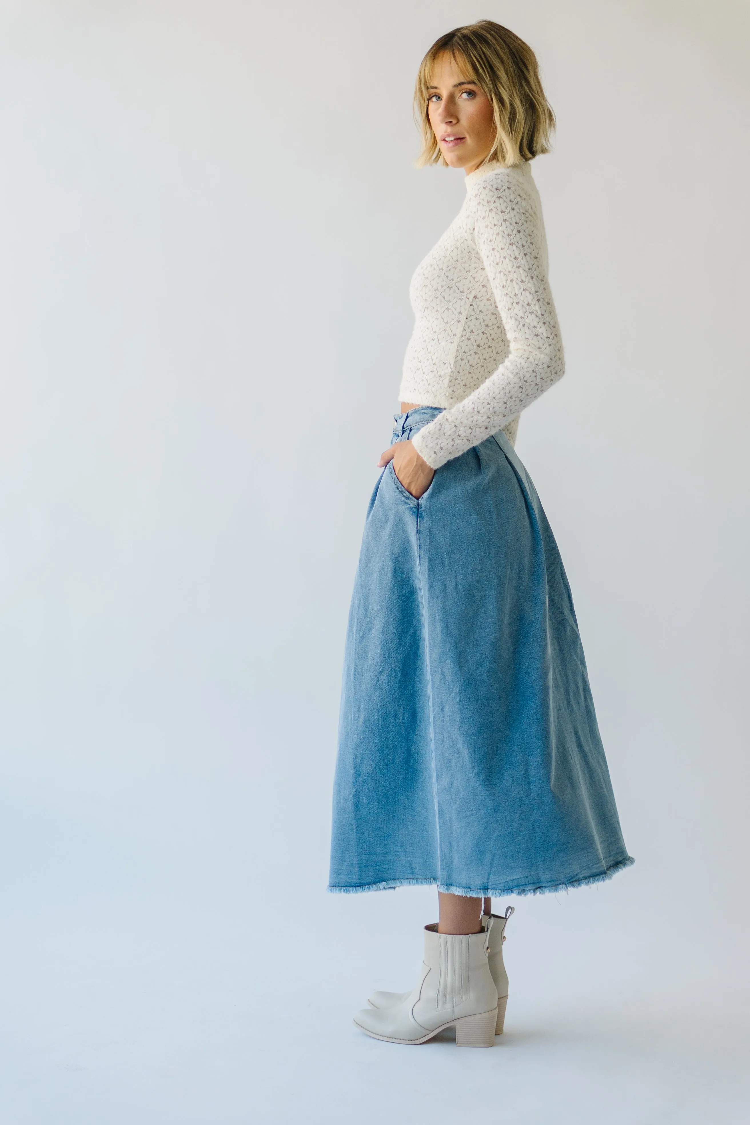 The Waleska Pleated Maxi Skirt in Denim