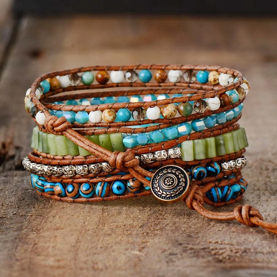 Turquoise Oval Jasper Stone Mix Beaded 5X Wrap Bracelet