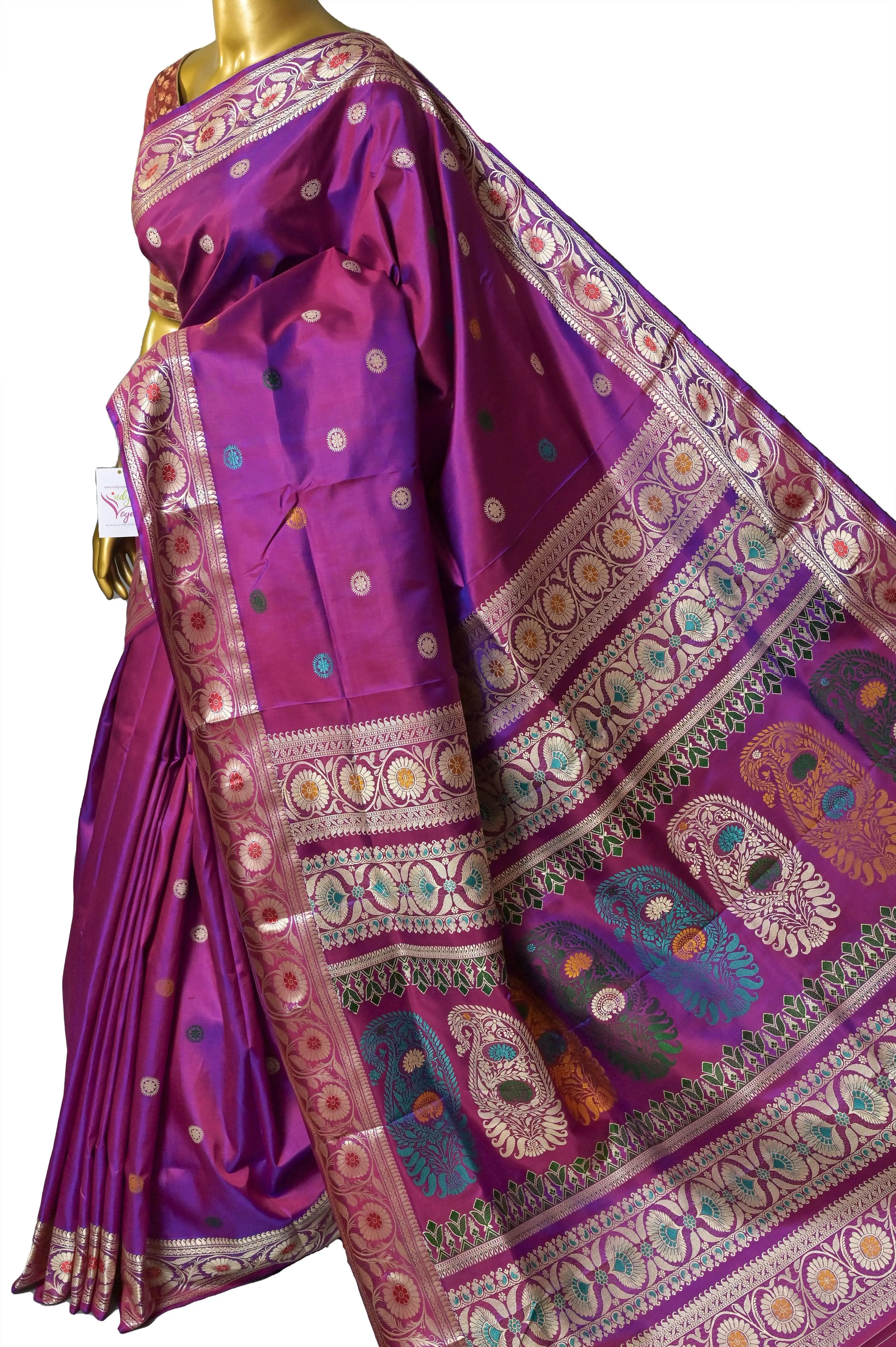 Violet and Magenta Dual Tone Pure Revival Baluchari Silk Saree with Meenakari Work