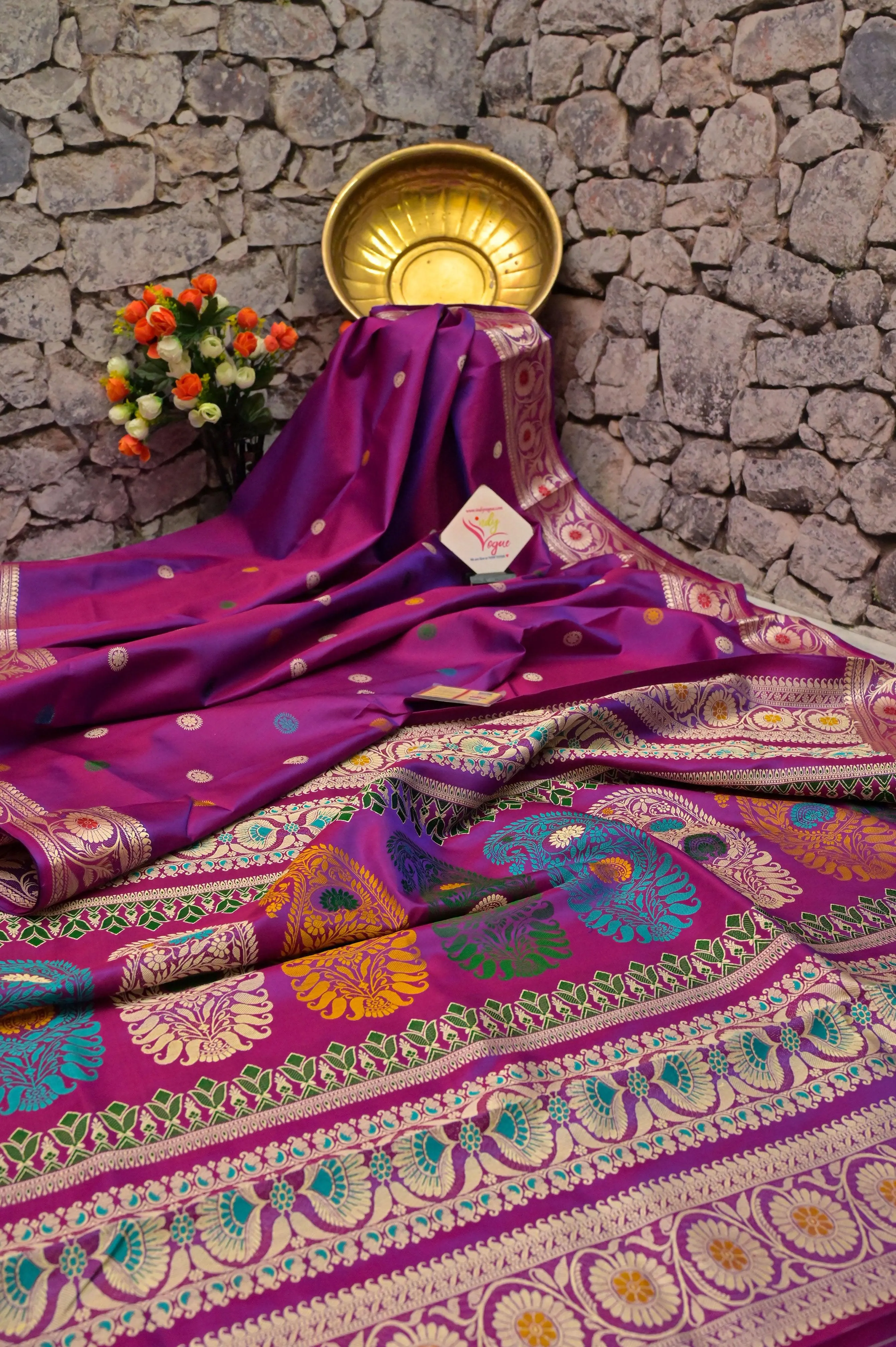 Violet and Magenta Dual Tone Pure Revival Baluchari Silk Saree with Meenakari Work